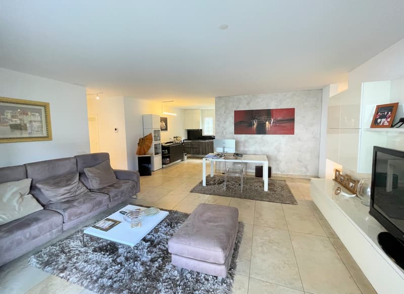 tiled floor, large couch with pillows, coffee table, tv, large area rug, open kitchen, dining table, chairs