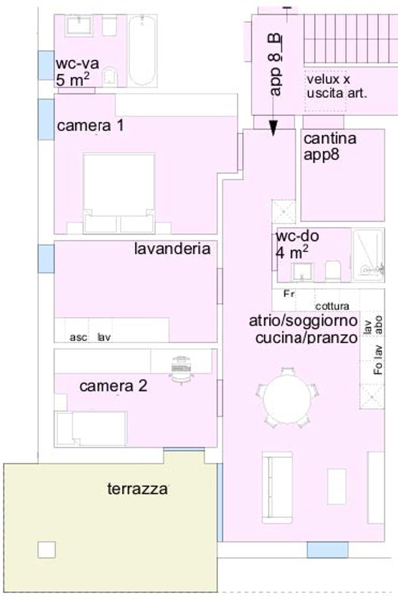 The floor plan includes a living room with a dining area, kitchen, bathroom, and terrace. Additionally, there are separate sleeping quarters.