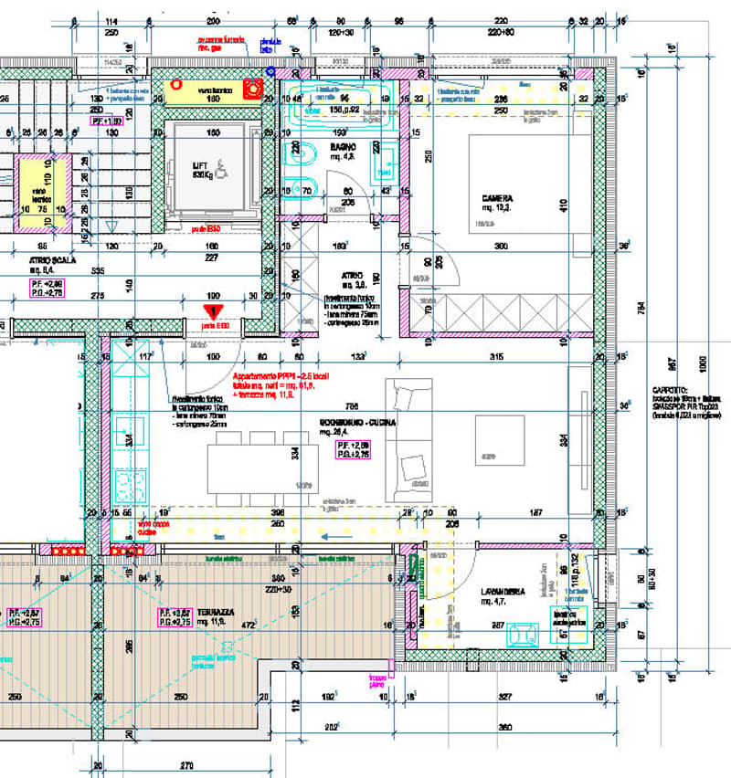 Floor plan includes living room, kitchen, 3 bedrooms, 2 bathrooms, balcony, elevator, lift capacity 250 kg