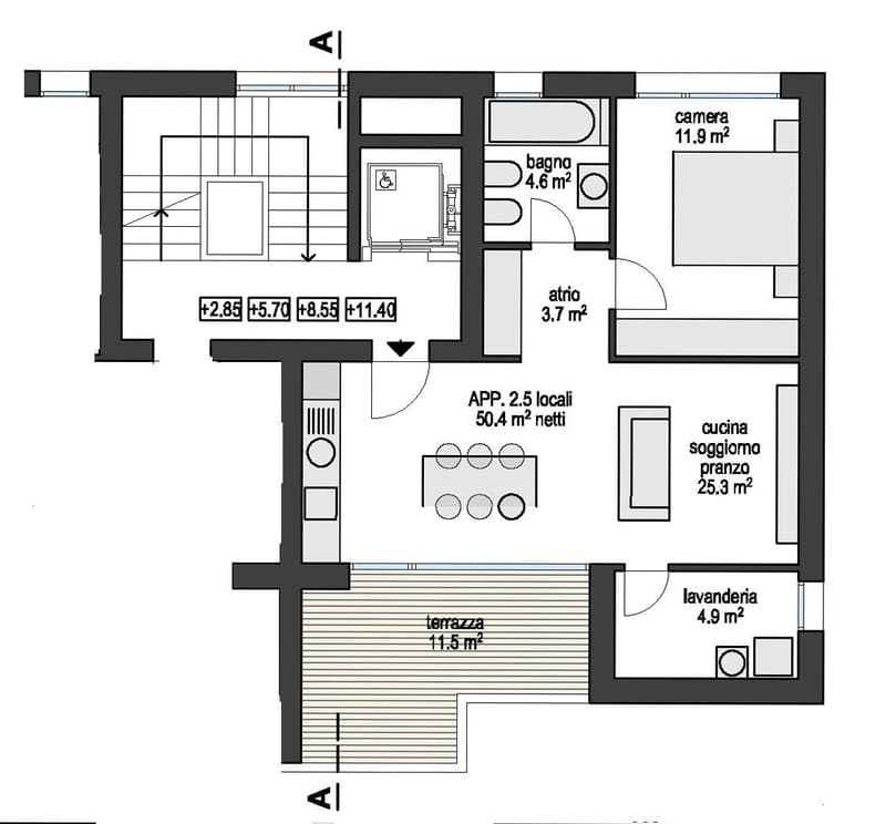 two-level floor plan with living room, kitchen, dining area, two bedrooms, two bathrooms, attic, and a terrace with a view.