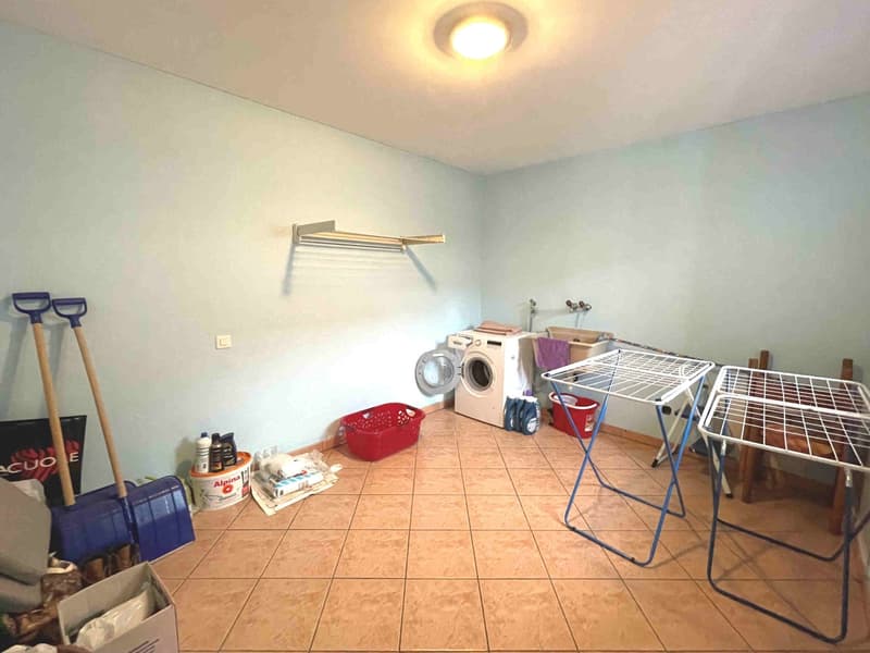 A room containing cleaning supplies and a washing machine