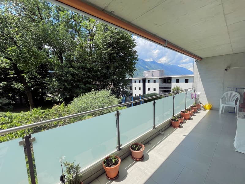 Glass railings, terracotta pots, tiled floor, large trees, mountain view