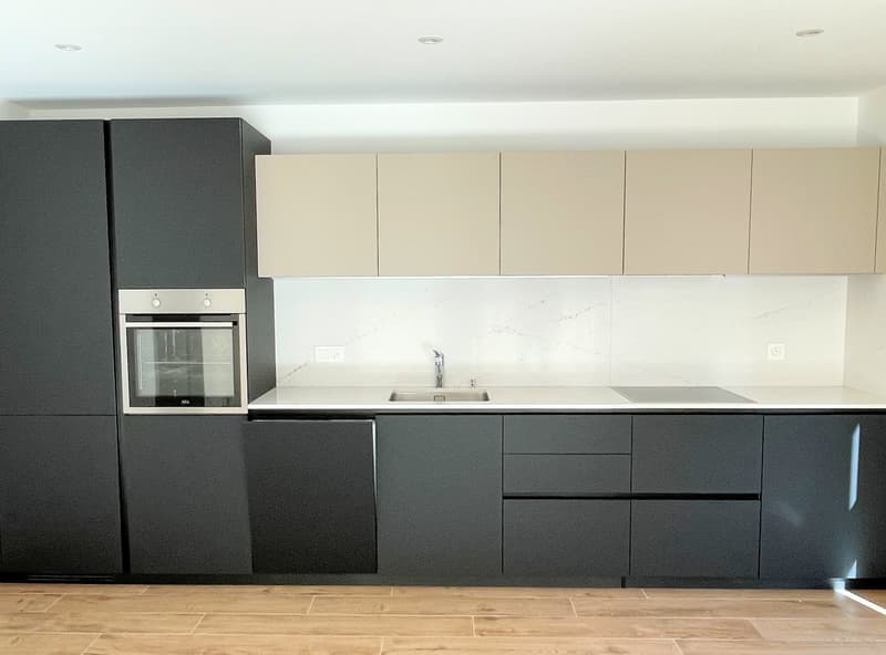 modern kitchen with grey cabinets, marble countertop, stainless steel sink, and built-in oven.