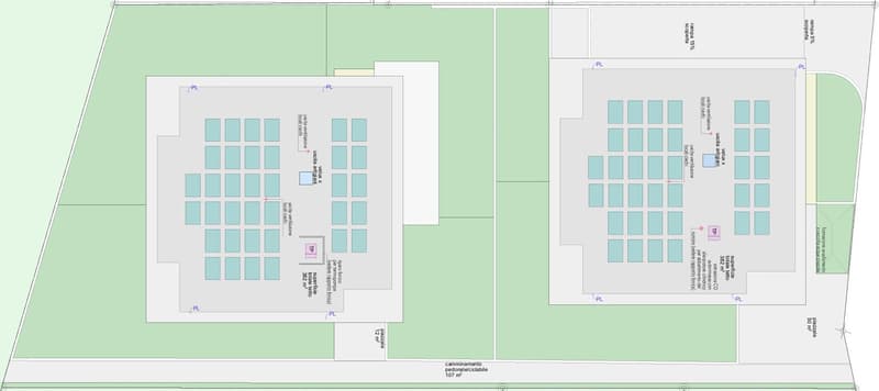 Floor plan of building with rooms, hallways, and outdoor spaces