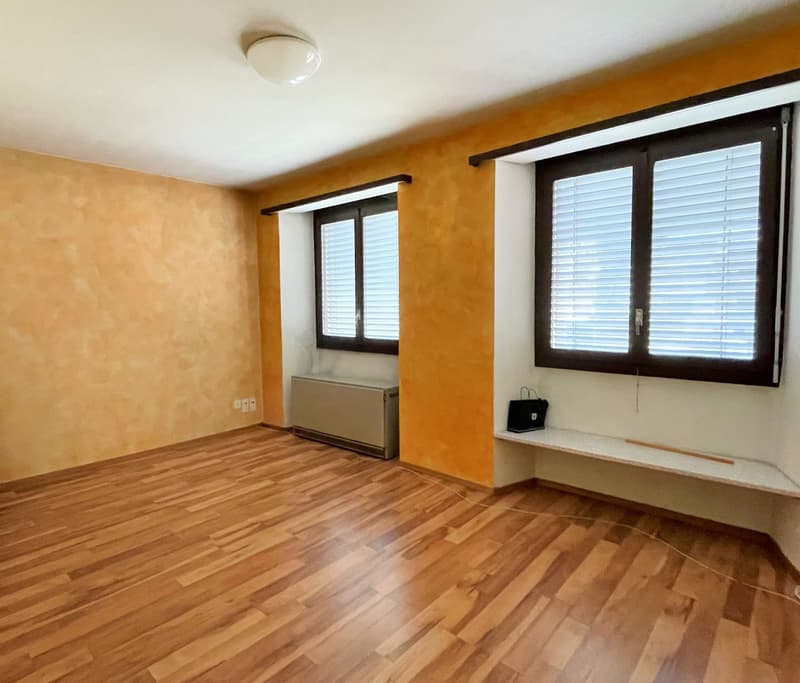Hardwood floors, orange walls, windows with blinds, a radiator, a shelf