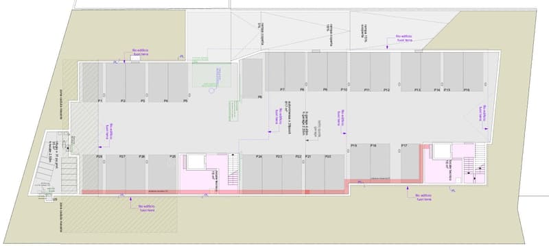 A floor plan of a parking lot with designated parking spaces, including areas marked for electric vehicle charging stations and a ramp for accessibility.