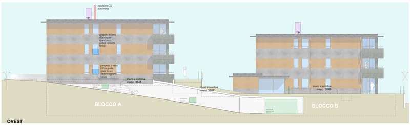 two building block on hilly site, car parking on slope