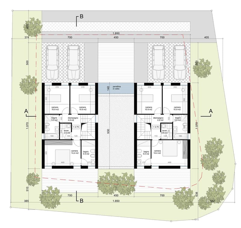Two units with kitchen, living area, 2 bedrooms, bathroom, 2 balconies, and garage.