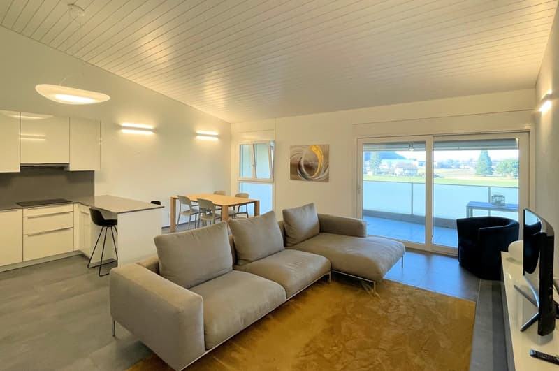 modern living room with large windows, balcony, gray sofa, dining table, kitchen, TV