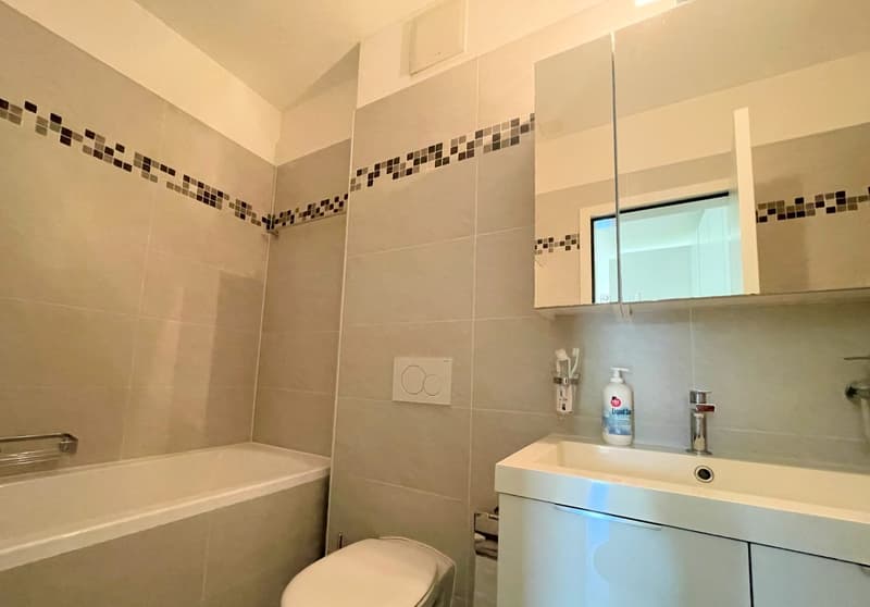 Bathroom with bathtub, toilet, sink, mirror, and tiled walls