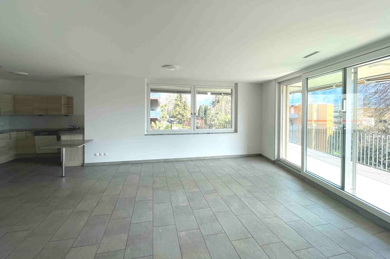empty room, wooden floor, white walls, large windows, balcony
