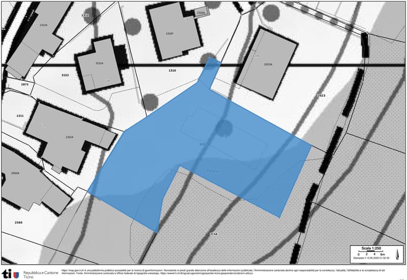 Plot of land with a scale of 1:250, labeled as 'Palasio', surrounded by other plots of land with numbers