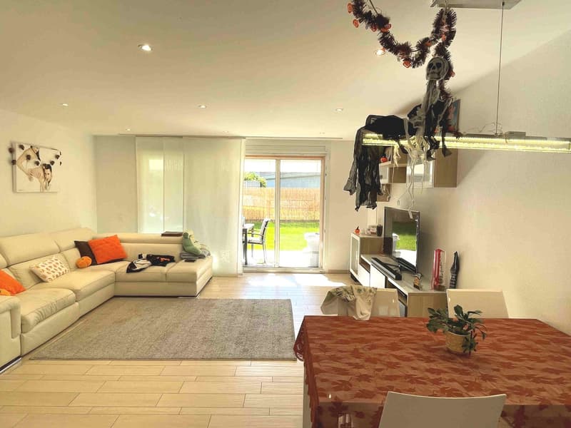 large sofa, carpet, dining table, TV, glass door to garden