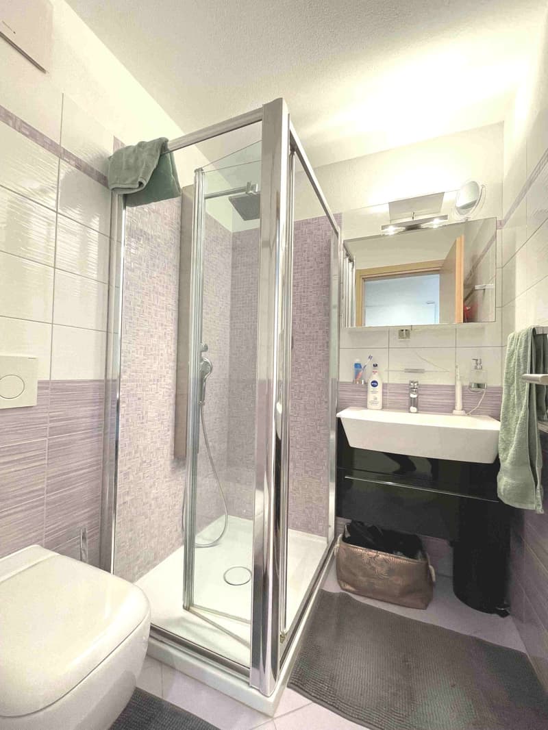 modern bathroom with shower, sink, mirror, and toilet