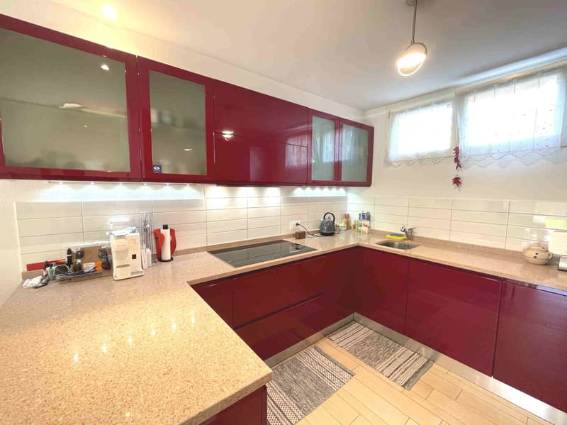 modern kitchen with red cabinets, granite countertops, induction stove, sink, dishwasher, and a window with curtains