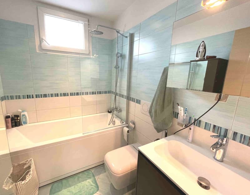Bathroom with bathtub, shower, toilet, sink, and mirror. Blue tiles on the walls and floor.