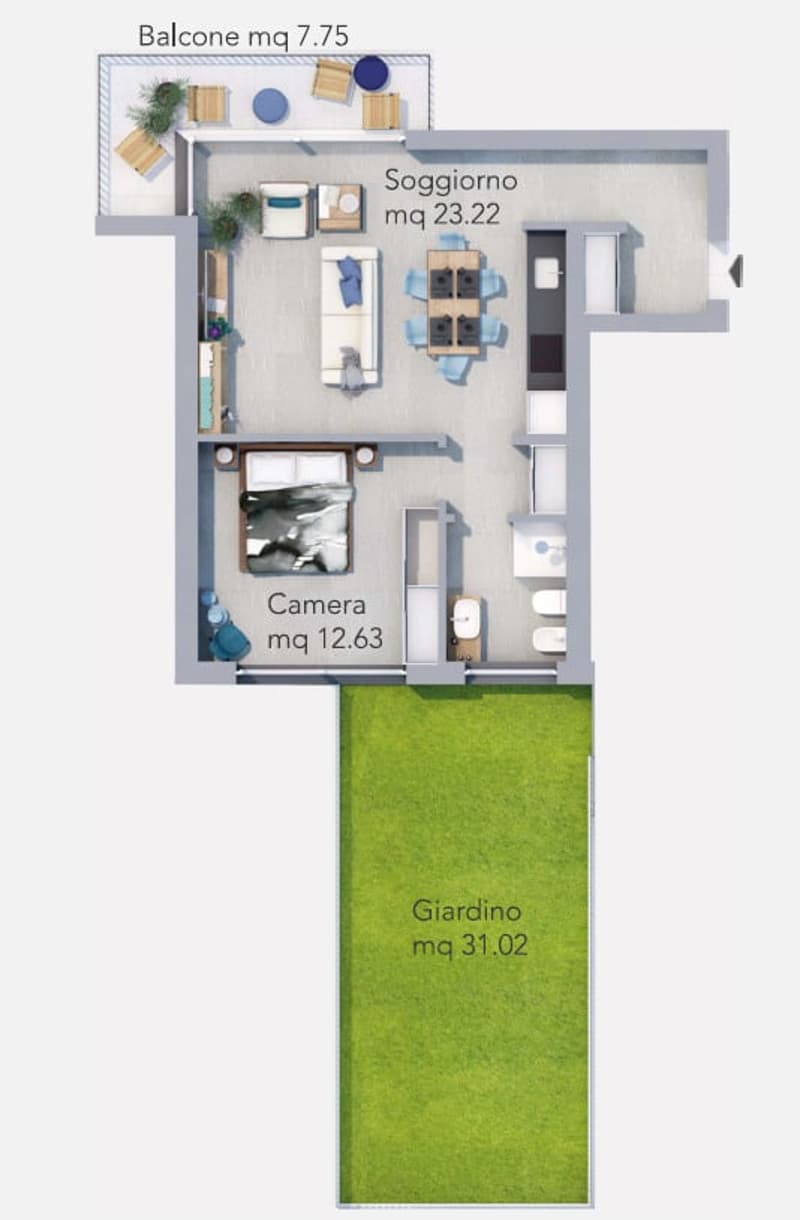 Living room, bedroom, bathroom, kitchen, balcony, garden