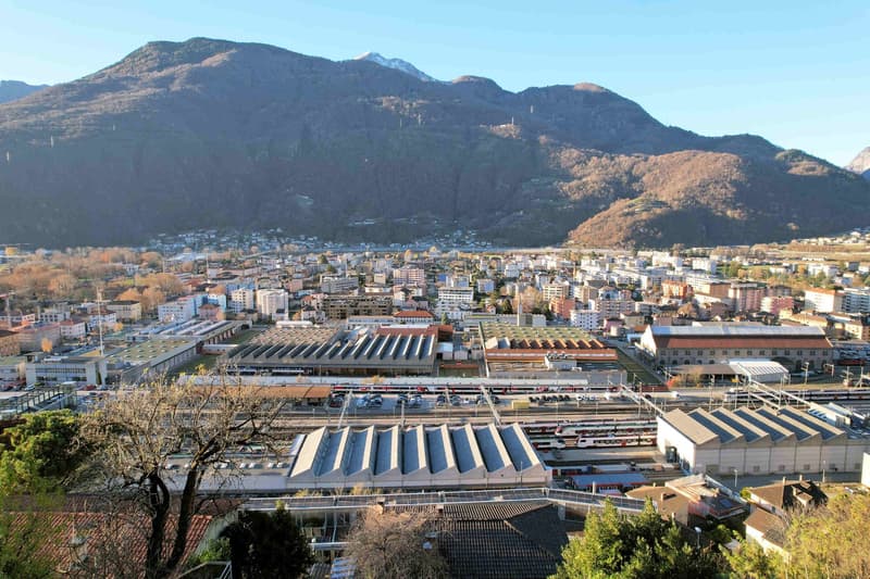 Cityscape with many buildings, mountains in the background, train station, and a railway