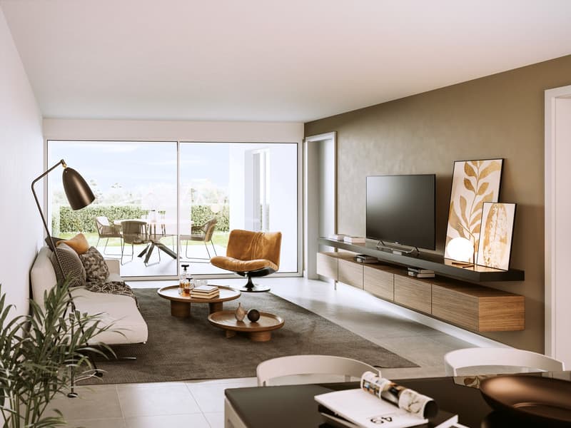 modern living room with white walls, beige carpet, white sofa, wooden coffee tables, floor lamp, flat screen TV, wooden entertainment unit, large windows, balcony