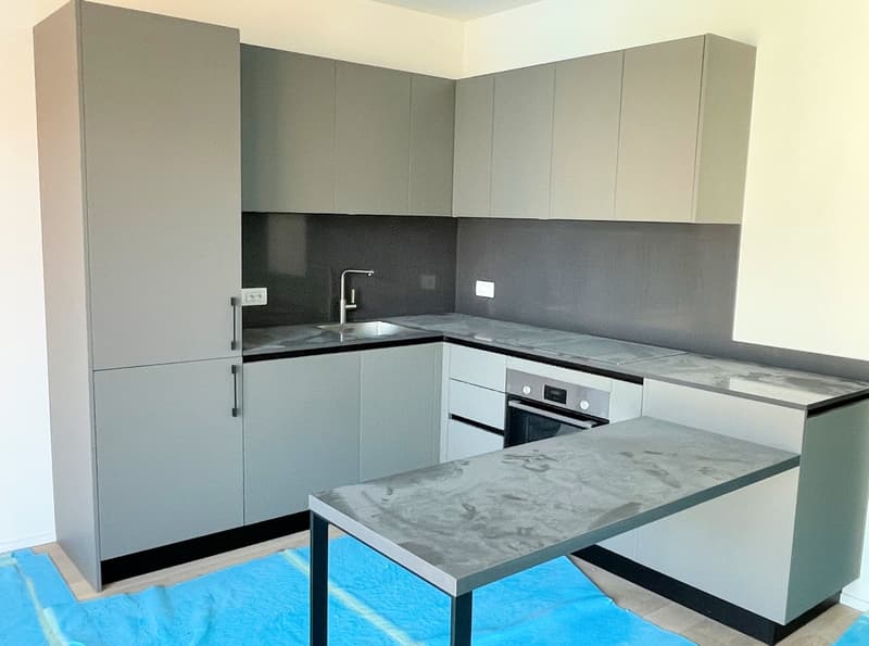 modern kitchen with gray cabinets, marble countertop, stainless steel sink, faucet, built-in oven, island table