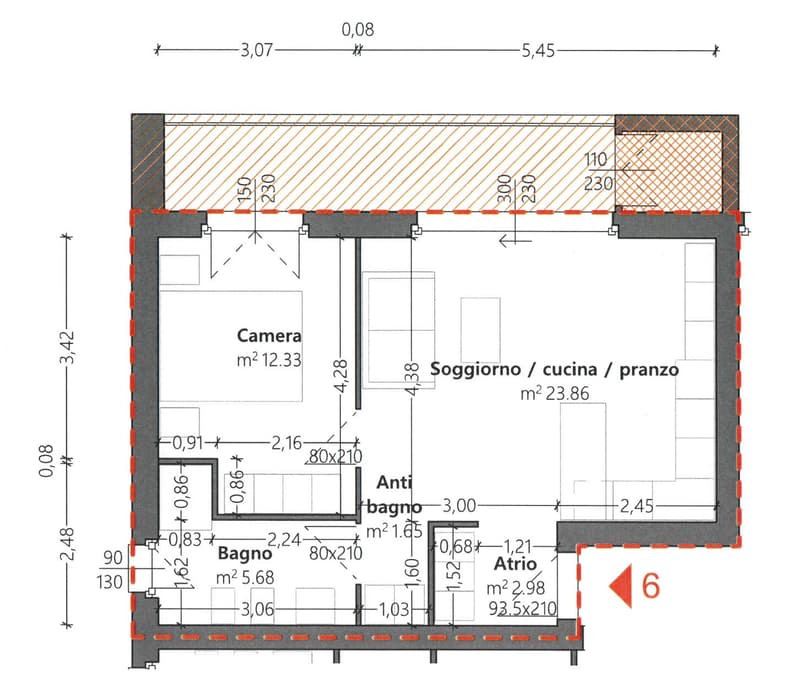 bedroom, bathroom, living room, kitchen, balcony