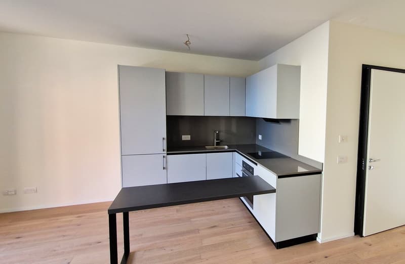 modern kitchen with white cabinets, black countertops, sink, faucet, oven, dishwasher, washing machine