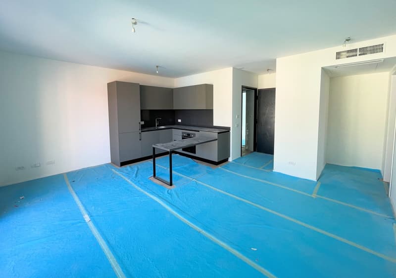 empty room, gray cabinets, countertop, sink, faucet, blue floor covering