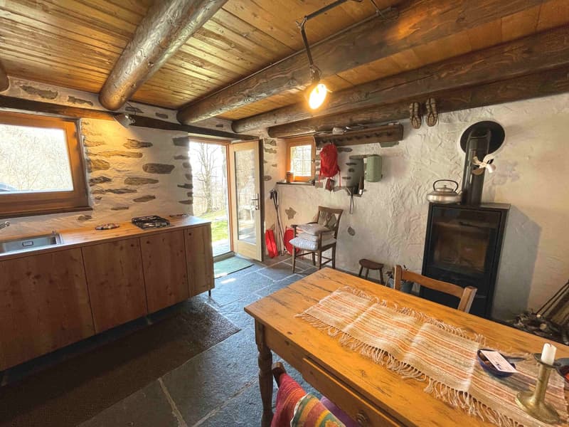 wooden ceiling, fireplace, wooden table, wooden cabinets, sink, gas stove, window, door