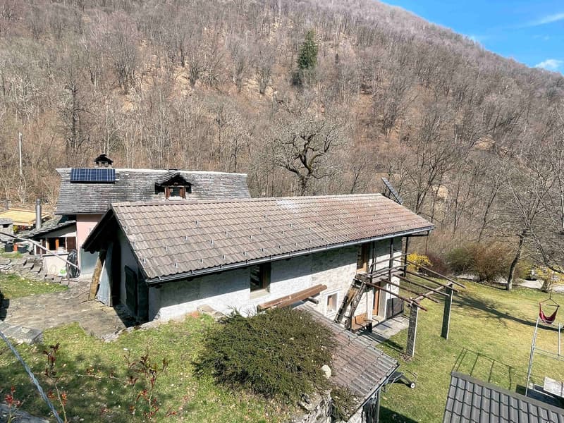 Stone house, brown roof, solar panels, surrounded by trees, mountain view