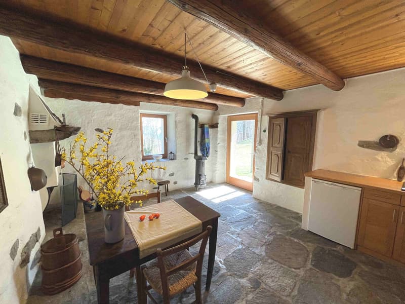Dining room with wooden ceiling, stone floor, table, chairs, yellow flowers, fireplace, kitchen area with dishwasher