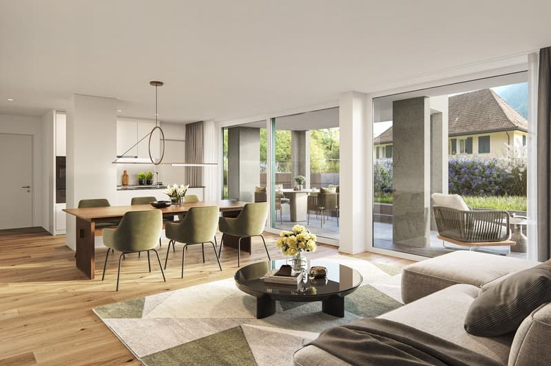 Open plan living area, dining room, terrace, hardwood floors, modern furnishings, large windows overlooking a garden