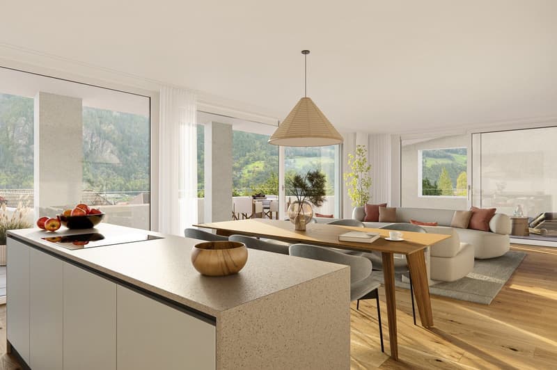 Contemporary interior with large windows overlooking a scenic mountain view, open kitchen, dining area with wooden table, living room with sofa, rug, and indoor plants.