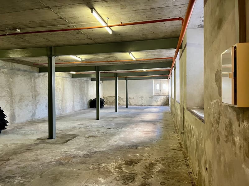 large open space, concrete floor, multiple support pillars, exposed beams, metal pipes