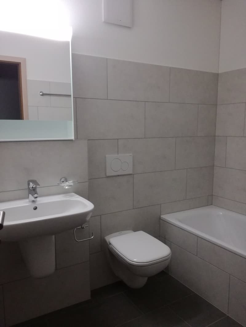 Modern bathroom with gray tiles, white sink, silver faucet, white toilet, large mirror, wall-mounted electrical outlet.