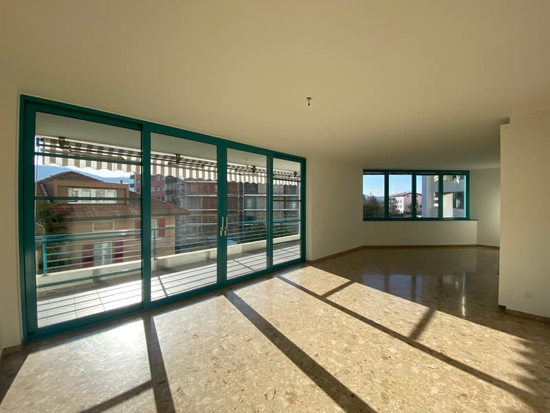 empty room, glass sliding doors, balcony with metal railing, parquet floor, distant view of a cityscape, sun reflecting on the floor