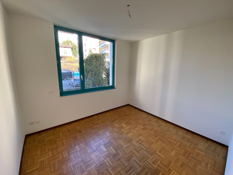 empty room, white walls, hardwood floor, large window, green frame, two power outlets, open to a view outside