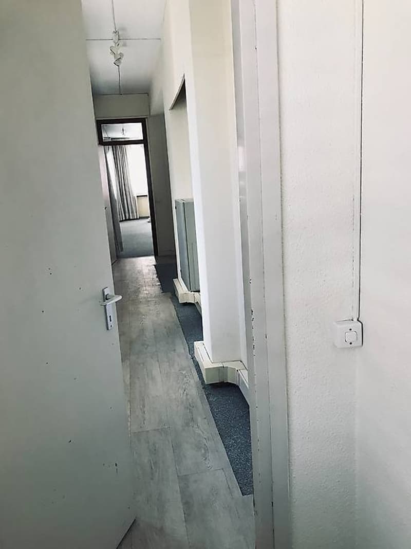 Empty hallway, white walls, wooden flooring, ceiling lamp, radiator