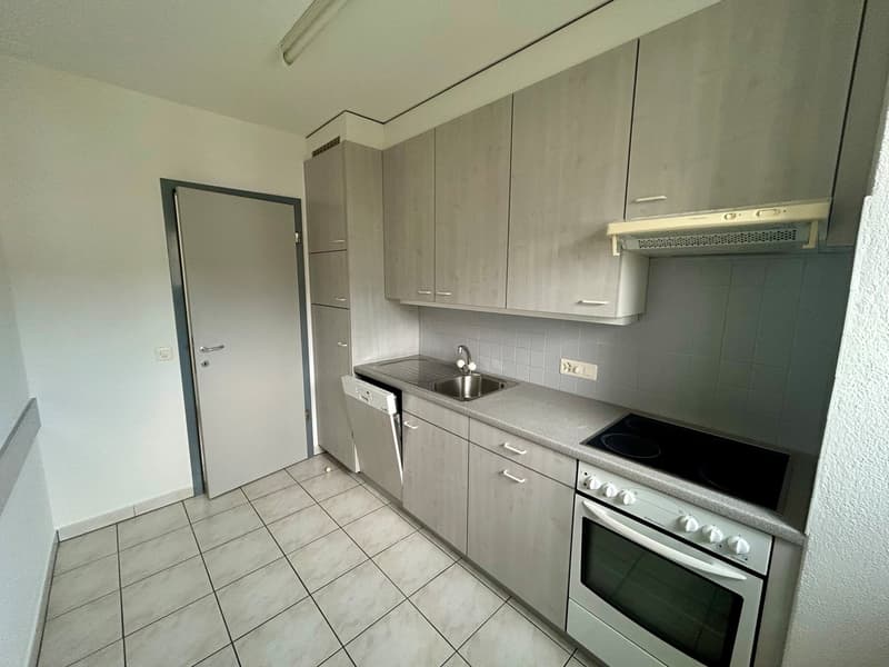 Fully equipped kitchen with grey cabinets, tile flooring, built-in oven and stove, and a dishwasher.