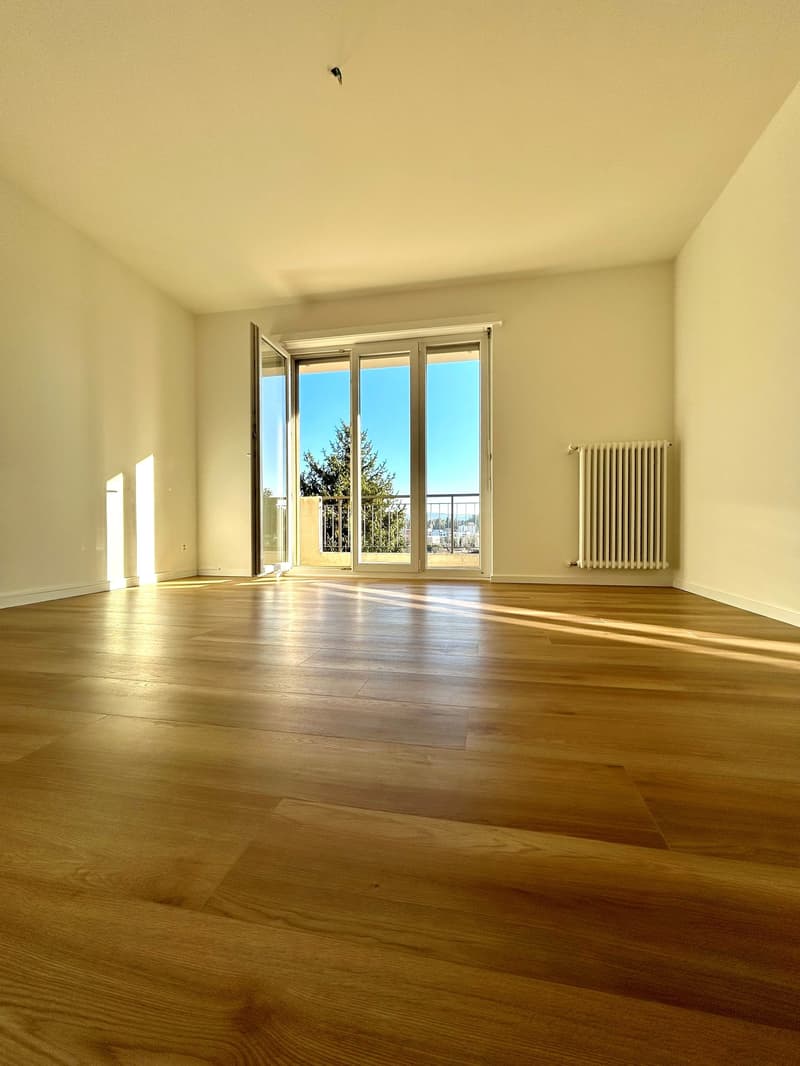 empty room, wooden floor, sliding glass doors, balcony, white walls, white radiator
