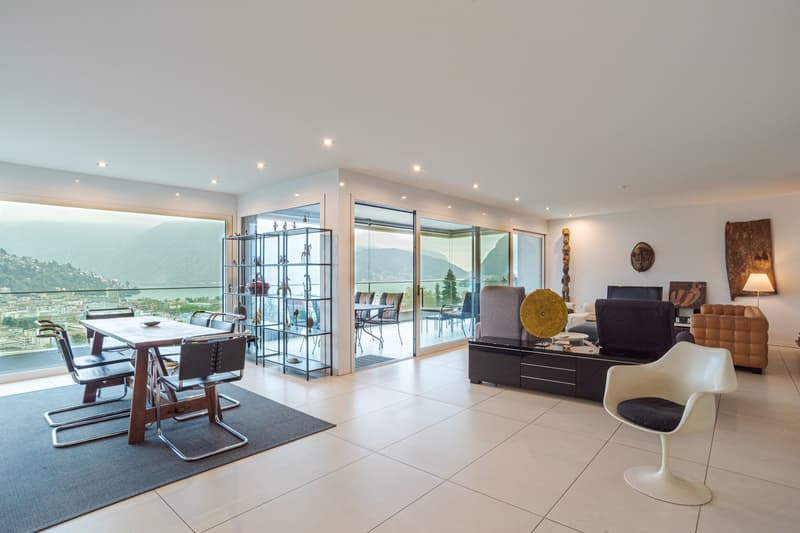 Modern design, dining table, glass door, large windows, balcony, modern furniture