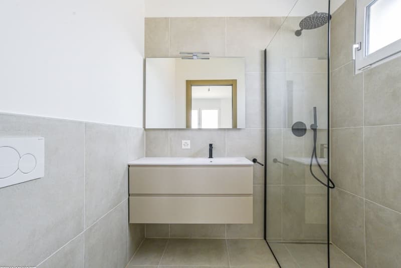 Modern bathroom with white sink, mirror, glass shower enclosure, beige tiles