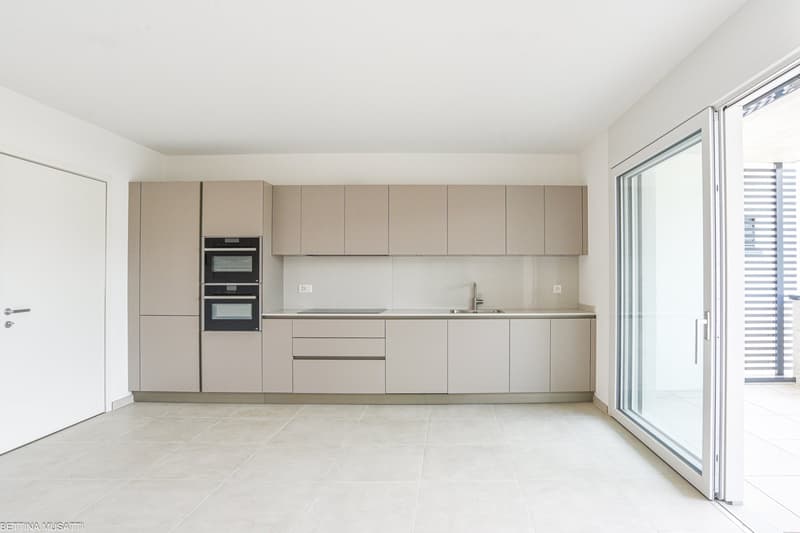 modern minimalist kitchen with built-in oven and sink, sliding door to balcony