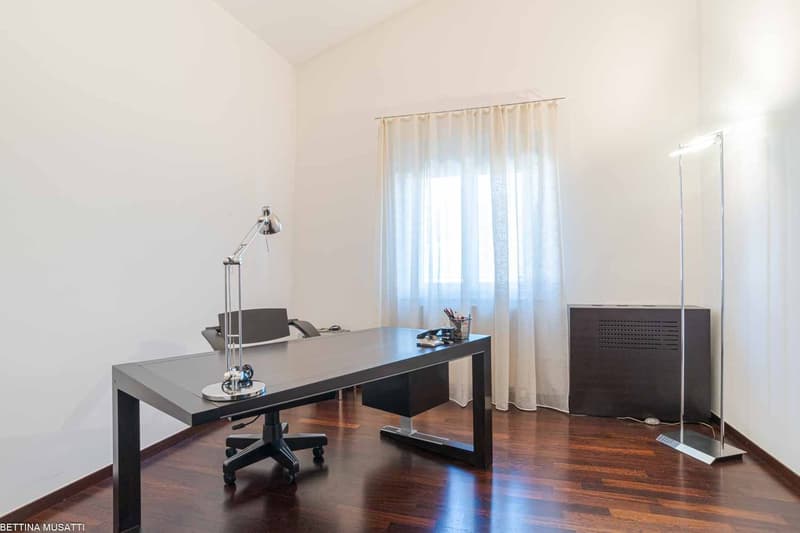 Office room, black desk, adjustable chair, lamp, storage cabinet, floor lamp, curtains