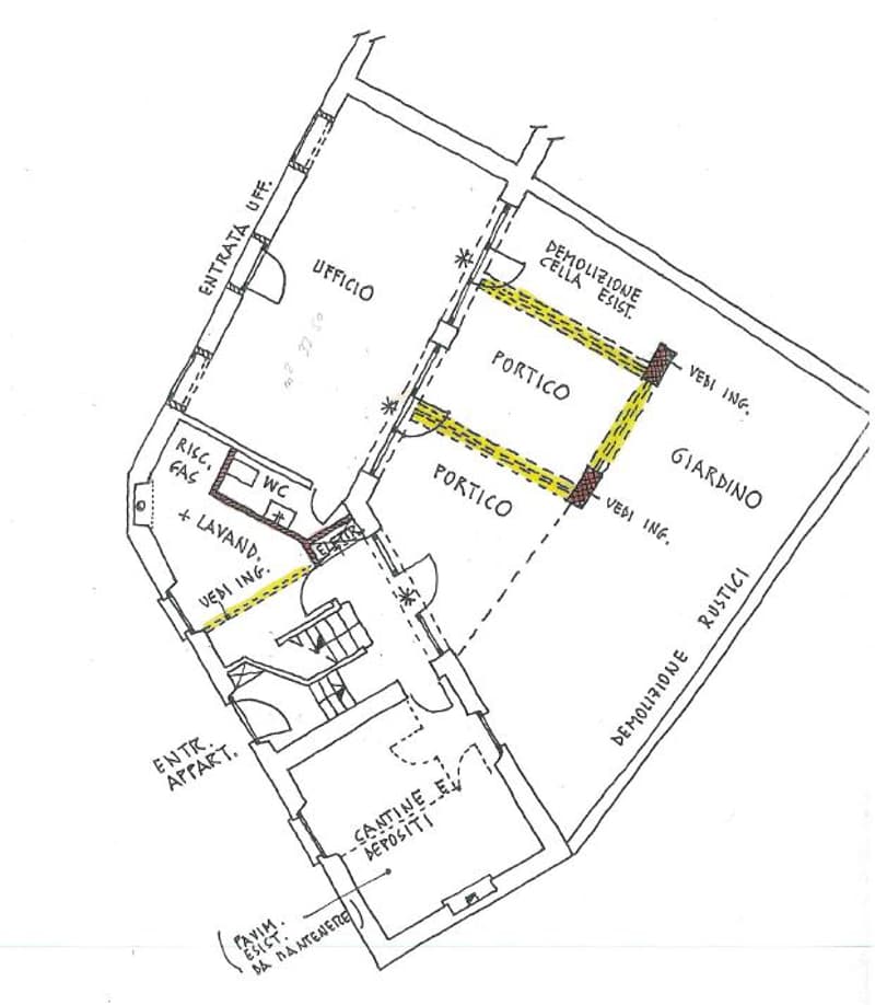 A floor plan of a building including rooms, porches, and cellars