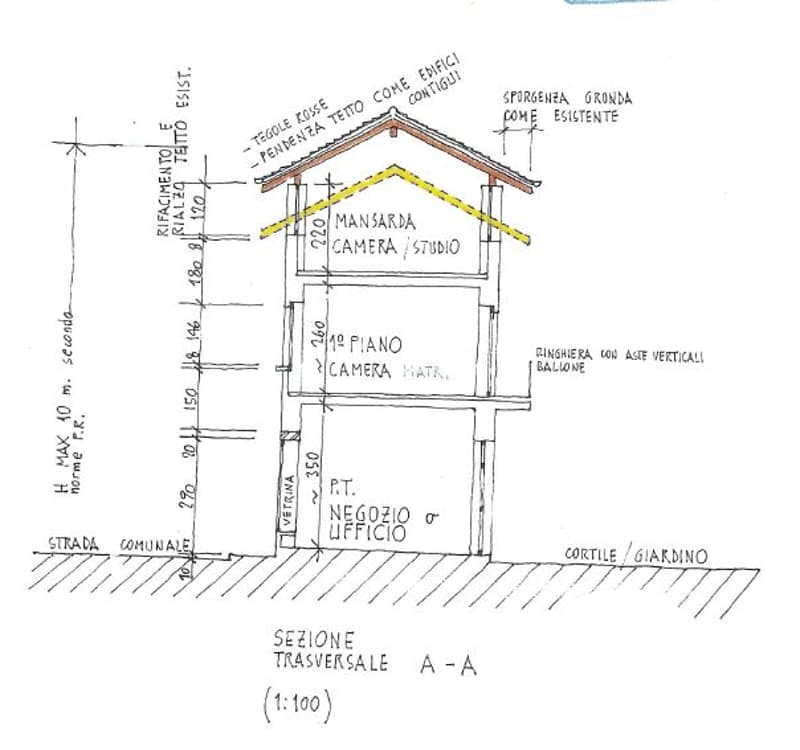 Floor plan: two floors, main entrance, study/bedroom, balcony, garden, garage, and office space