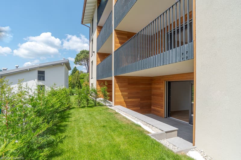 modern residential building, multi-story, metal and wooden balconies, entrance with large windows, grass garden