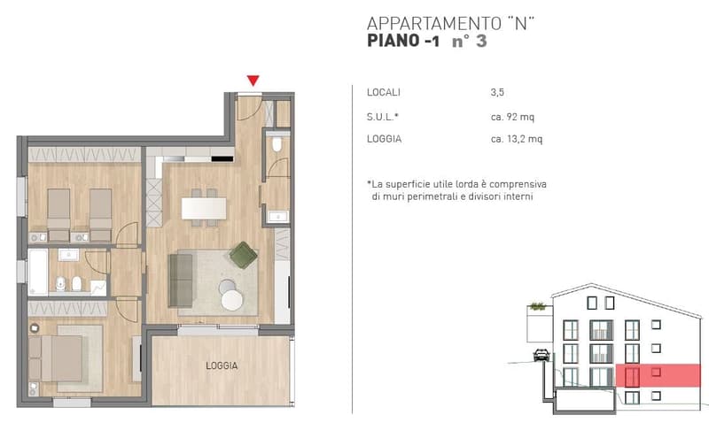 Floor plan: Living room, 3 bedrooms, 2 bathrooms, balcony