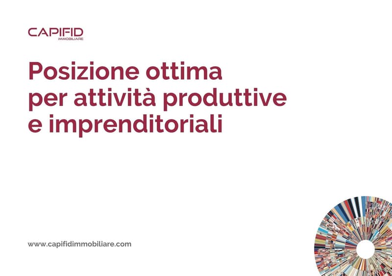 Title reads 'Posizione ottima per attività produttive e imprenditoriali', a website is displayed on the bottom left, a colorful spiral graphic is on the bottom right.
