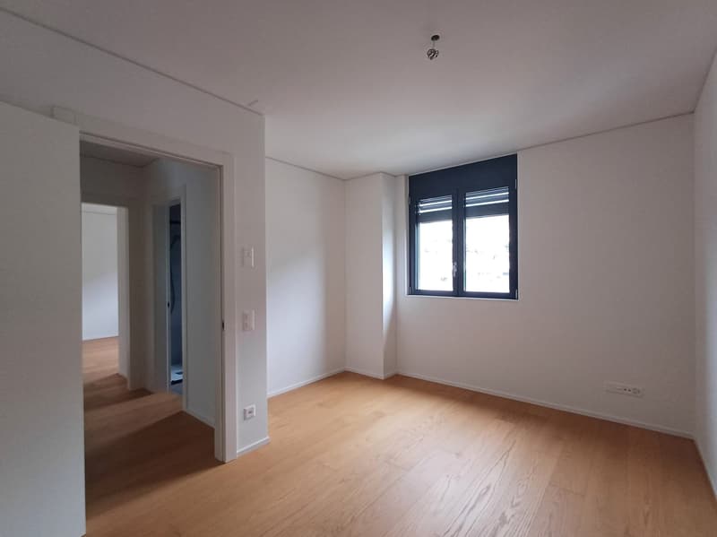 large window, hardwood floors, light wood-paneled walls, doors leading to another room, electric outlet, ceiling mounted light