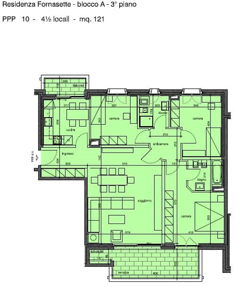 The image shows the floor plan of a 3rd floor apartment. It consists of a living room, kitchen, 2 bedrooms, 2 bathrooms, and a balcony.